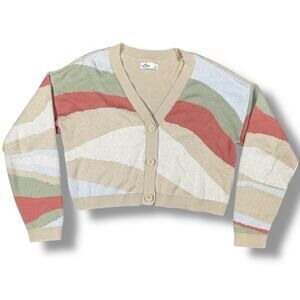 Hollister Womens Color Block Cardigan Sweater Beige Cotton Blend Size L Coquette